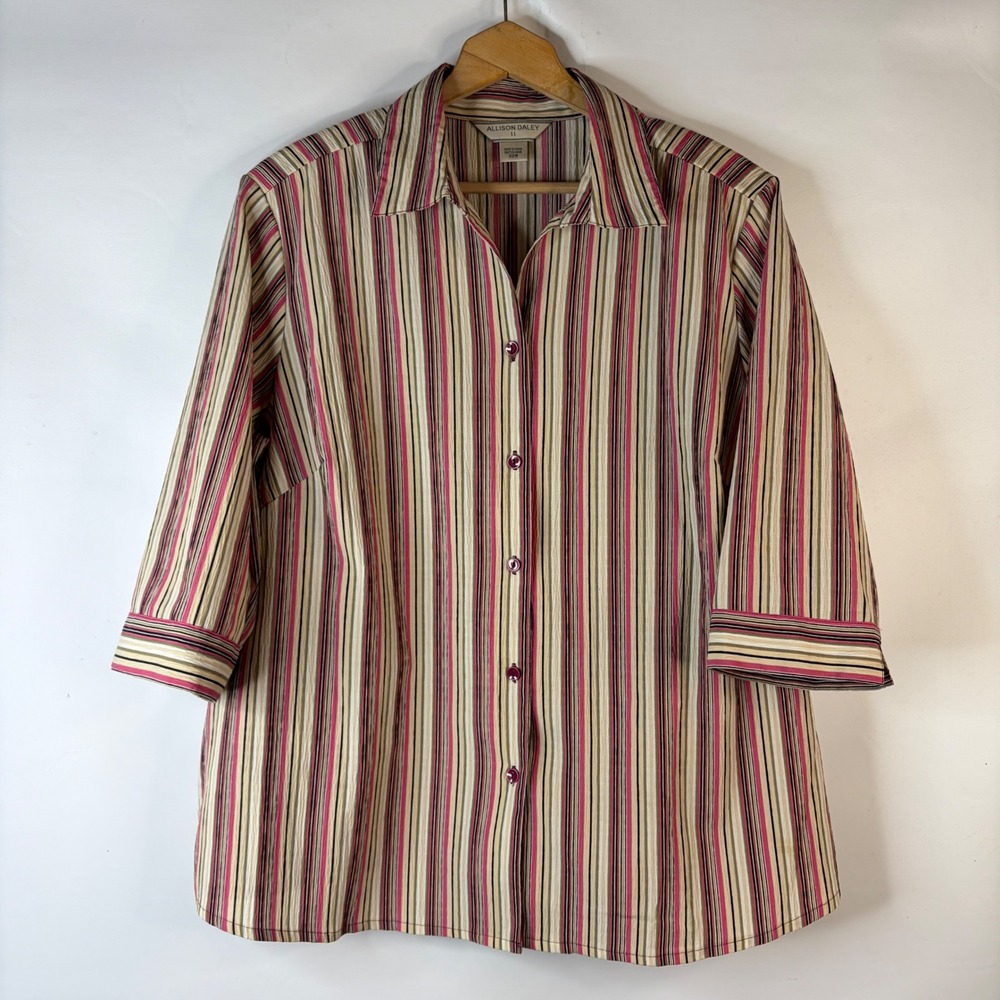 Allison Daley Button Down Shirt Women 22W Pink Striped 3/4 Sleeve Shoulder Pads